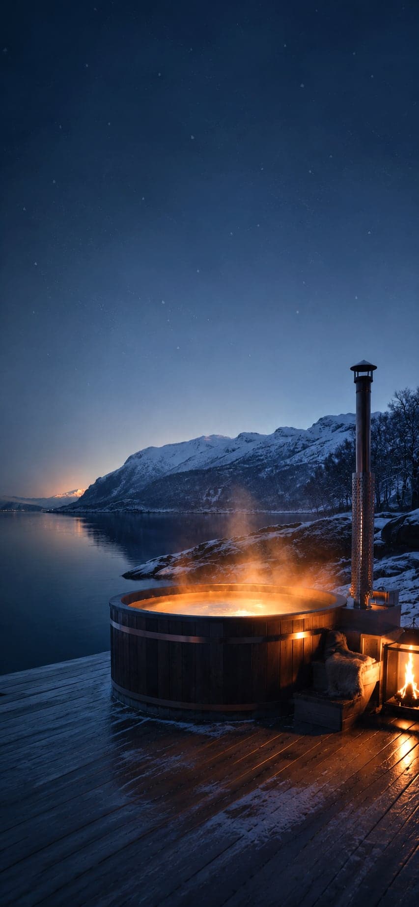 Vedfyrt badestamp med stigende damp ved en norsk fjord i blåtimen