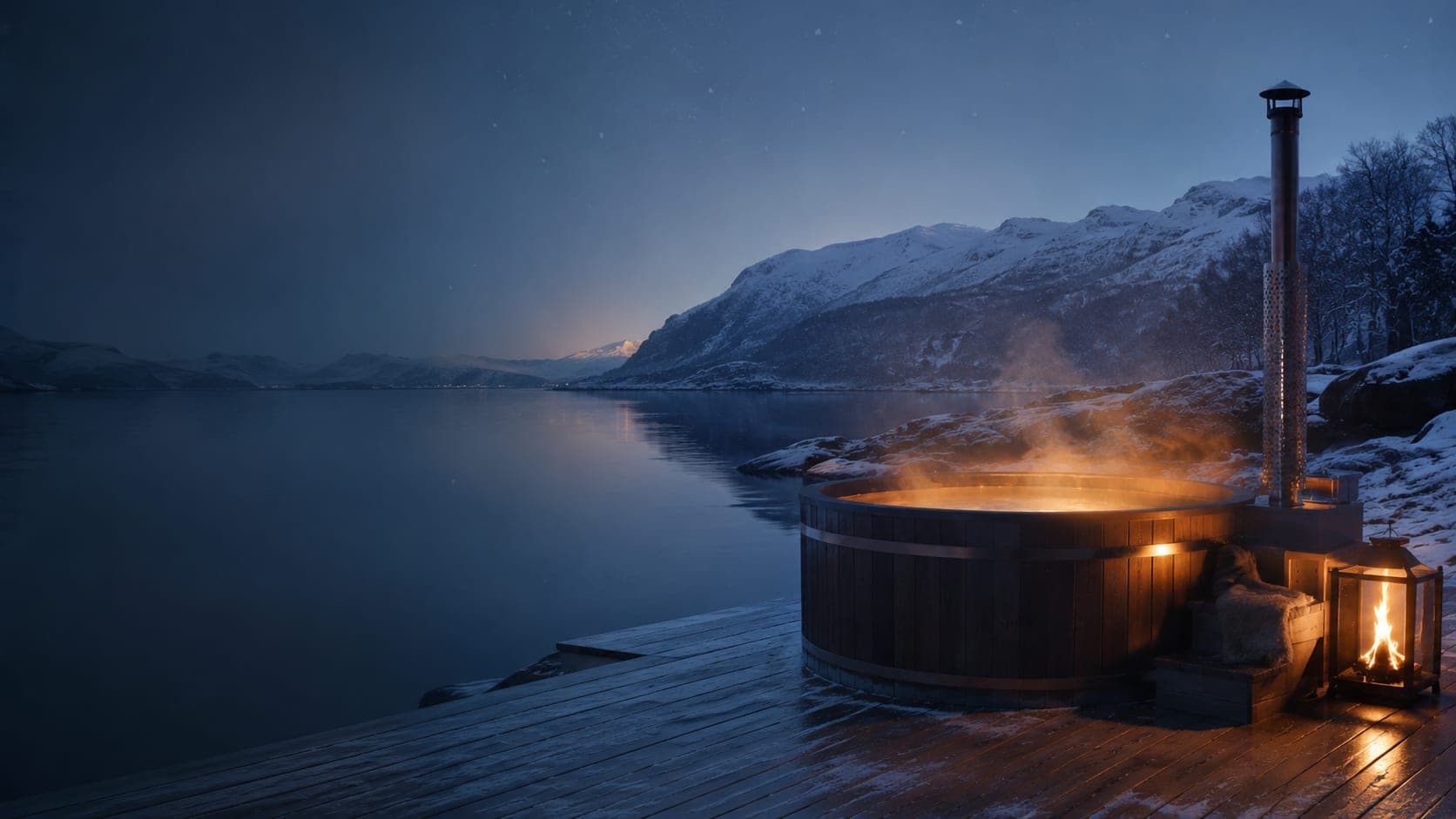 Vedfyrt badestamp med stigende damp ved en norsk fjord i blåtimen