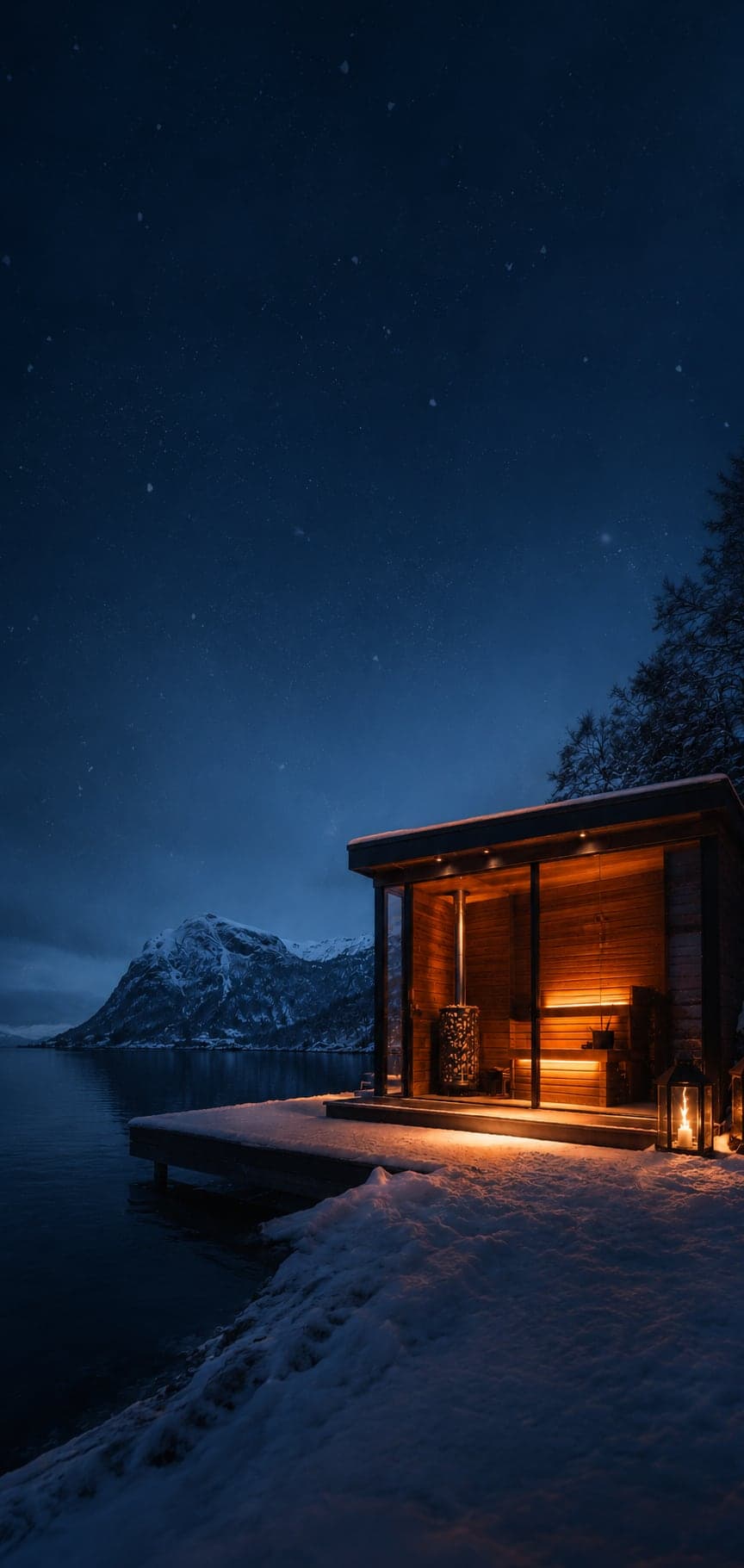 Moderne badstue ved en norsk fjord i blåtimen