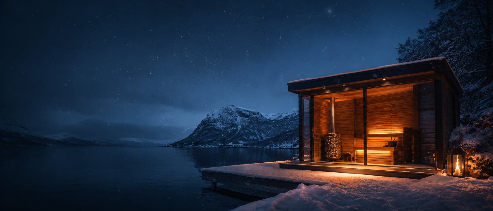 Moderne badstue ved en norsk fjord i blåtimen